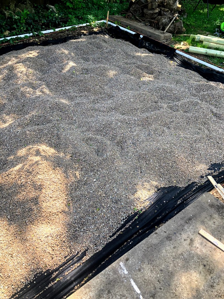 Landscaping fabric and pea gravel fill a prepped patio area.