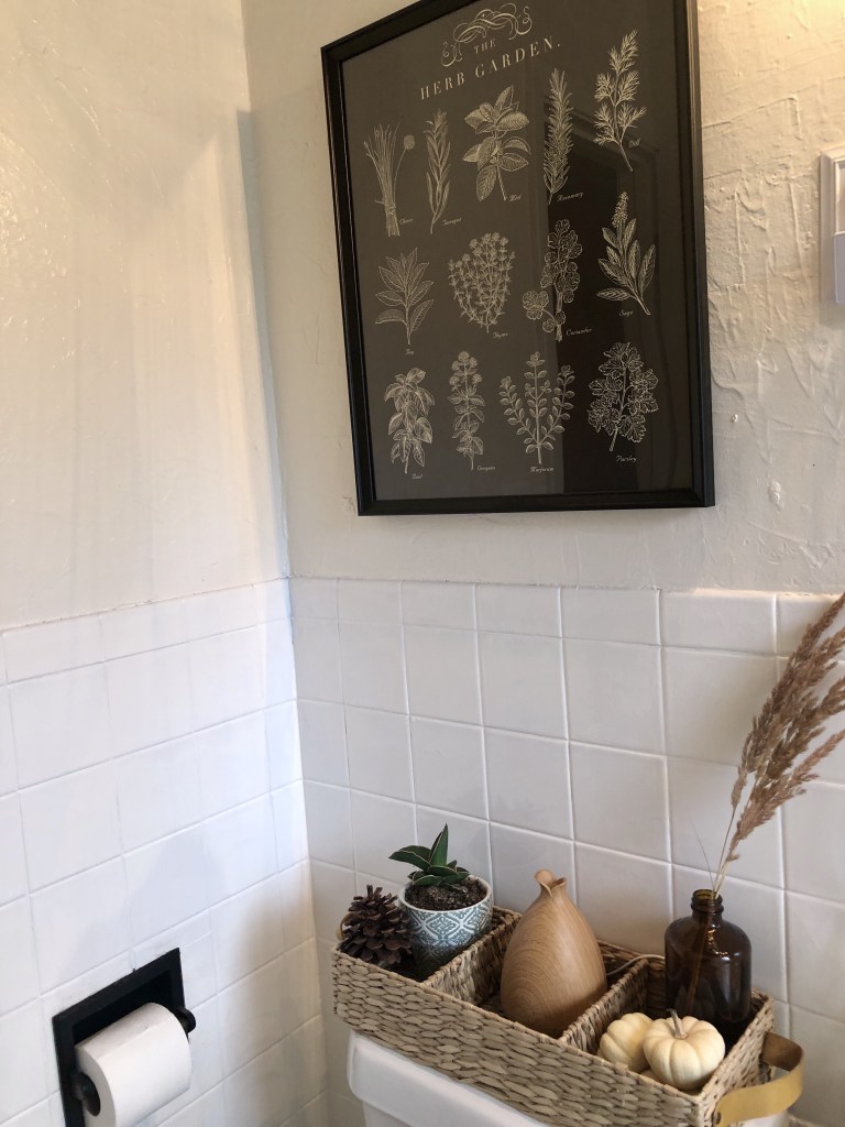 New decor has been added to a cottage bathroom.