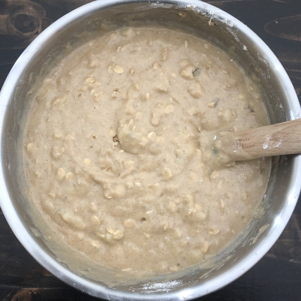 A banana bread batter has been mixed together.