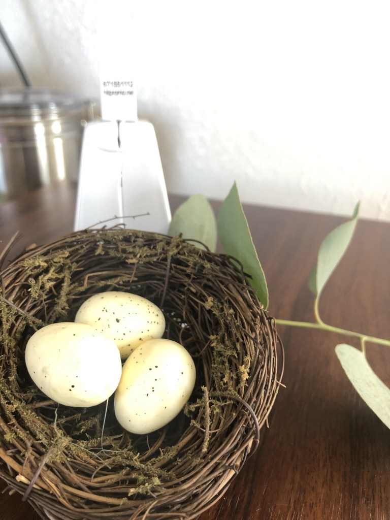 Adorable, tiny birds eggs in a nest are displayed next to a vintage style cow bell in a kitchen.