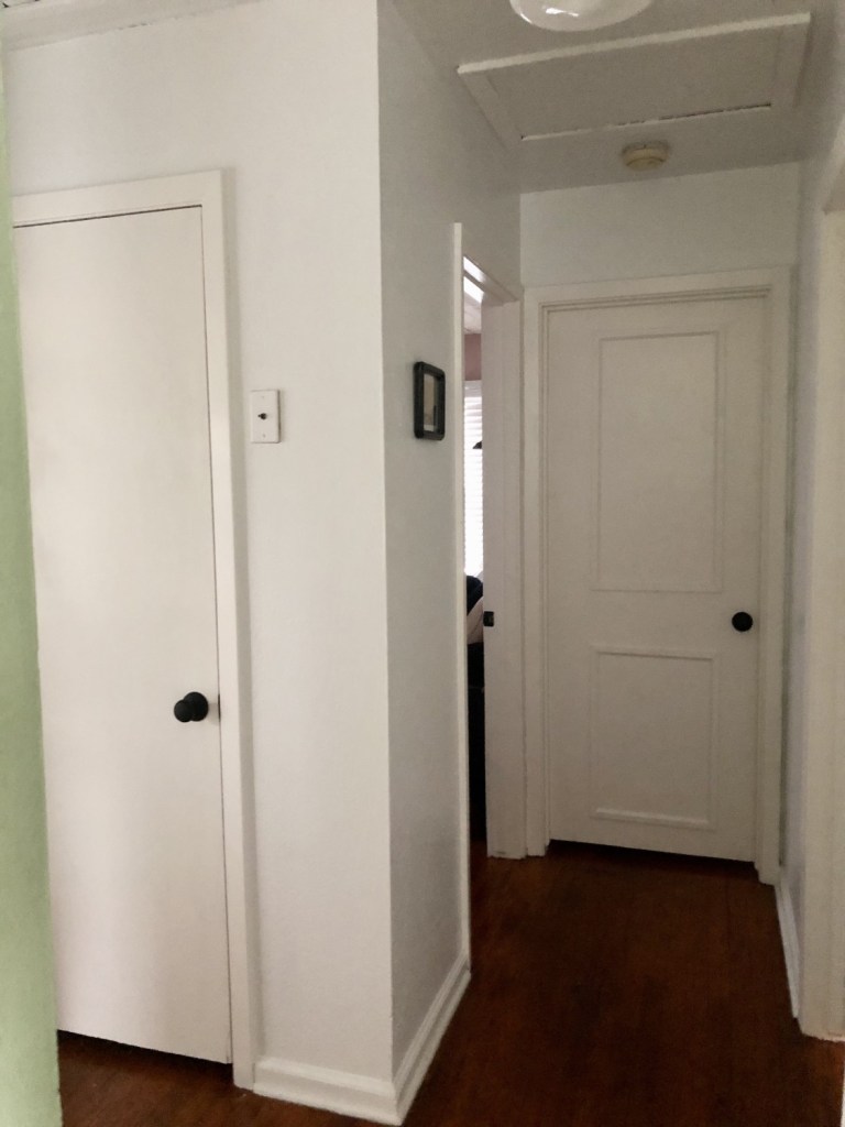 A pristine white is shown in a hallway with simple hallway decorating ideas added to it.