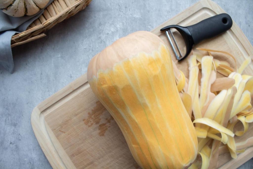 A butternut squash has been peeled of its skin.