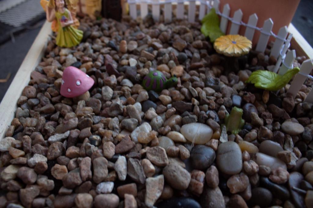 Pebbles are added to the fairy garden.