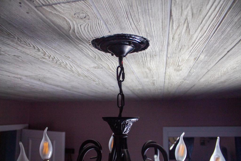 Before, a chandelier is in dire need of a medallion to cover a jagged cut made through a plywood board.