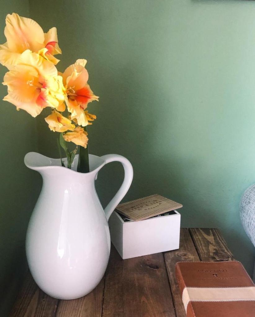 A gladiolus flower sits in a pitcher of water on a side table.