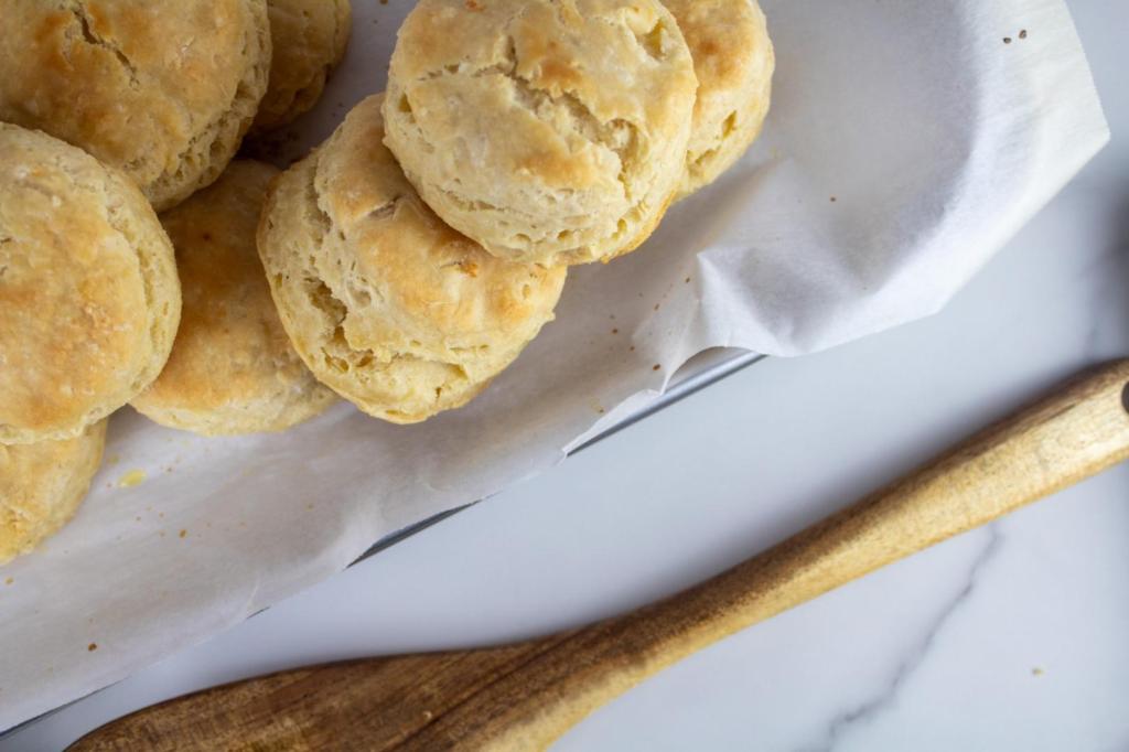 Biscuits are removed fresh from the oven.