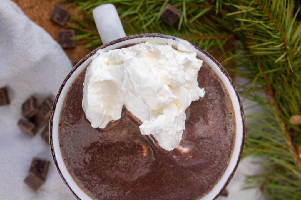 Healthy hot cocoa recipe is shown up close with whipped cream and chocolate chunks.