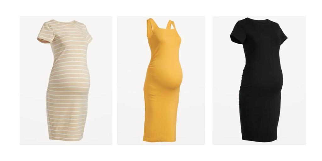 Three colored dresses are shown as examples of maternity wear during pregnancy.