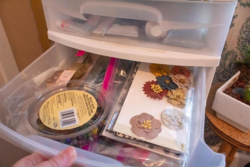 Different decorative pieces are organized into a drawer.