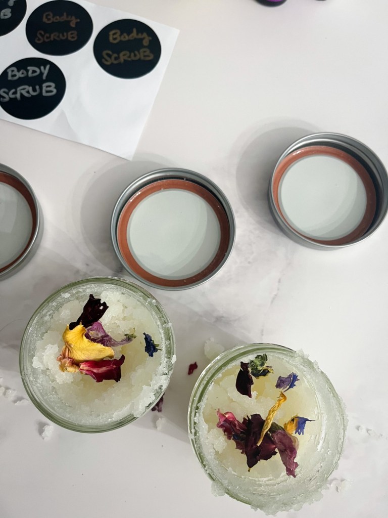 A body scrub making station is also set up for guests to customize and take with them as a gift.