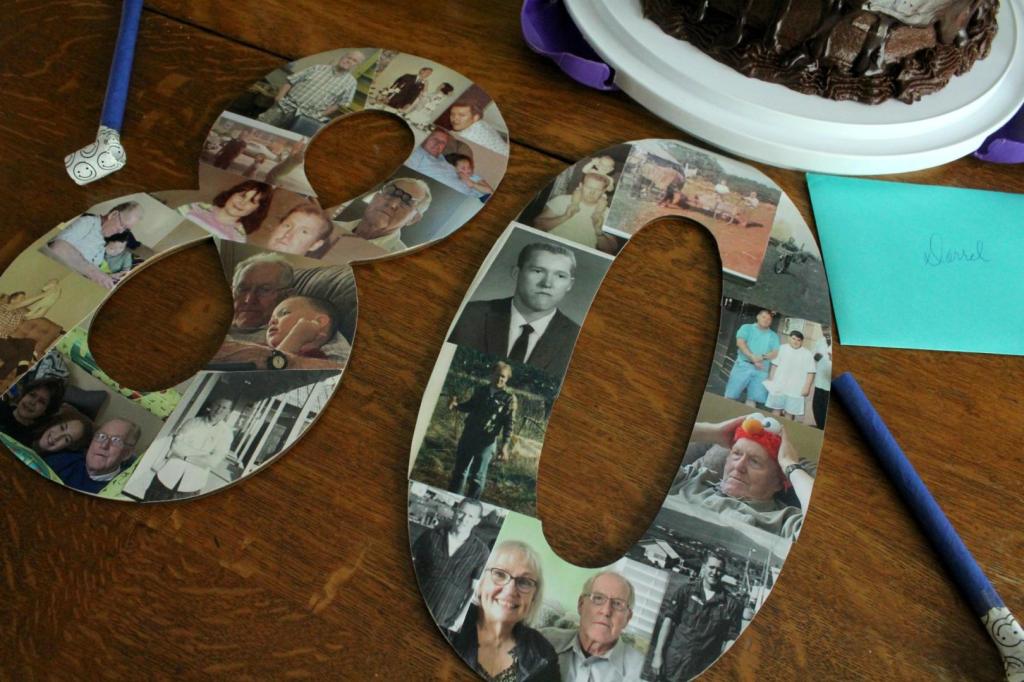 As part of 80th birthday ideas, wooden numbers have been transformed into a collage.