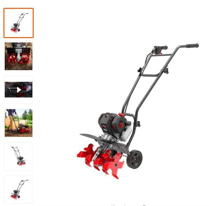 A cultivator is shown from Home Depot.