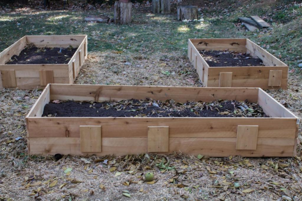 An inexpensive raised garden bed is filled with dirt and sitting near two other raised beds.