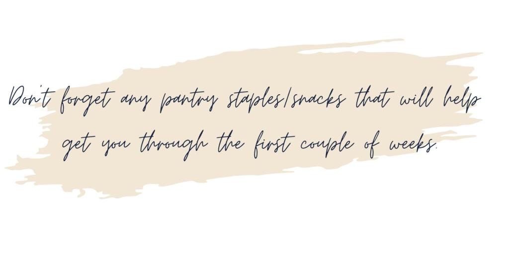 A graphic describes stocking the fridge and pantry for the first couple of weeks postpartum in a nesting checklist.