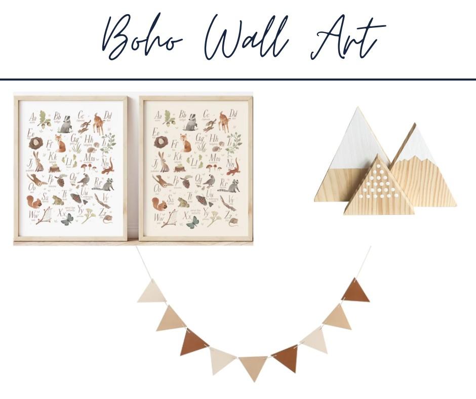 Boho nursery ideas show wall art with wooden mountains, a felt banner, and woodland animals ABC's and numbers posters.