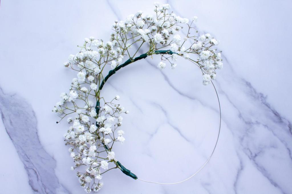 Floral wire is wrapped with baby's breath about halfway around the circumference.