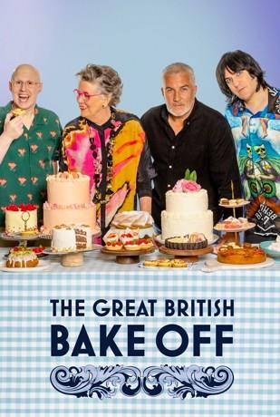 Several people laugh toward a camera at a table of cakes in this poster.