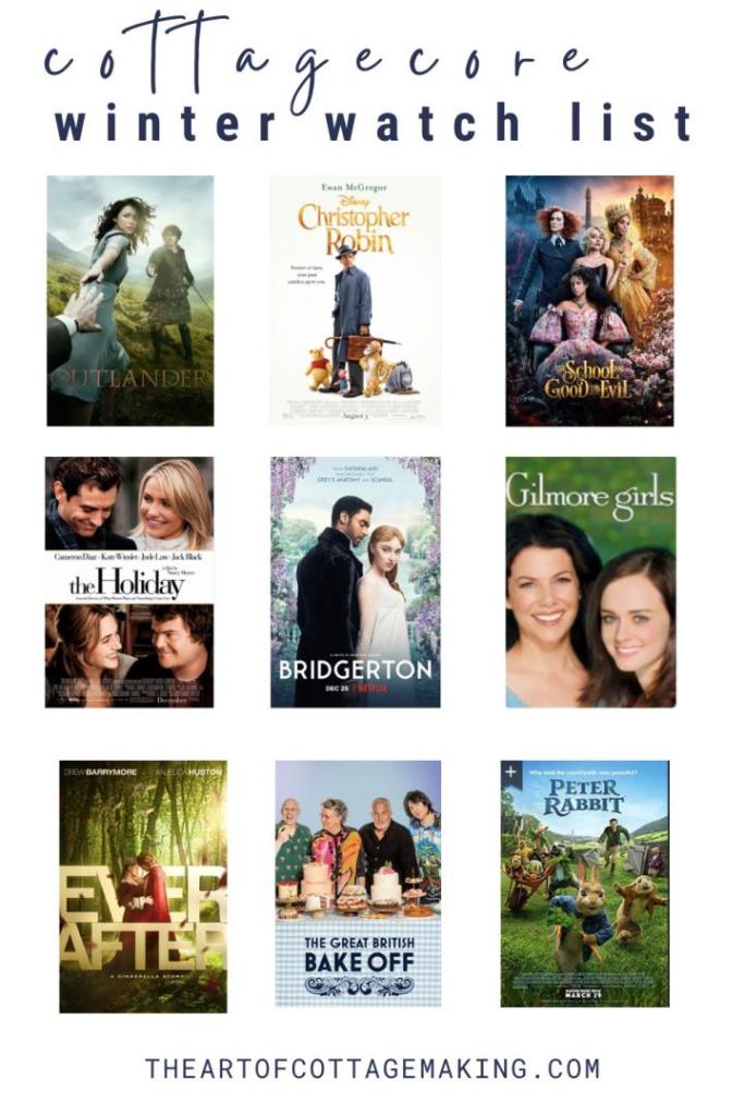 A cottagecore winter watch list consists of nine of ten movies that are pictured here.