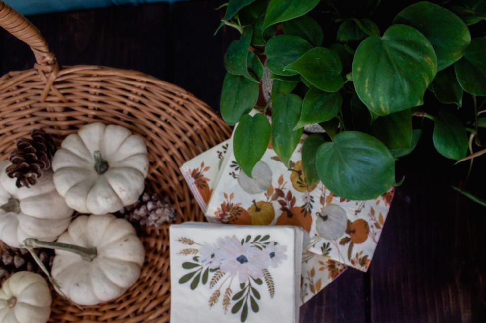 Hosting Thanksgiving dinner includes a table with festive napkins, real white pumpkins in a basket, and a plant on a table for an easy tablescape.