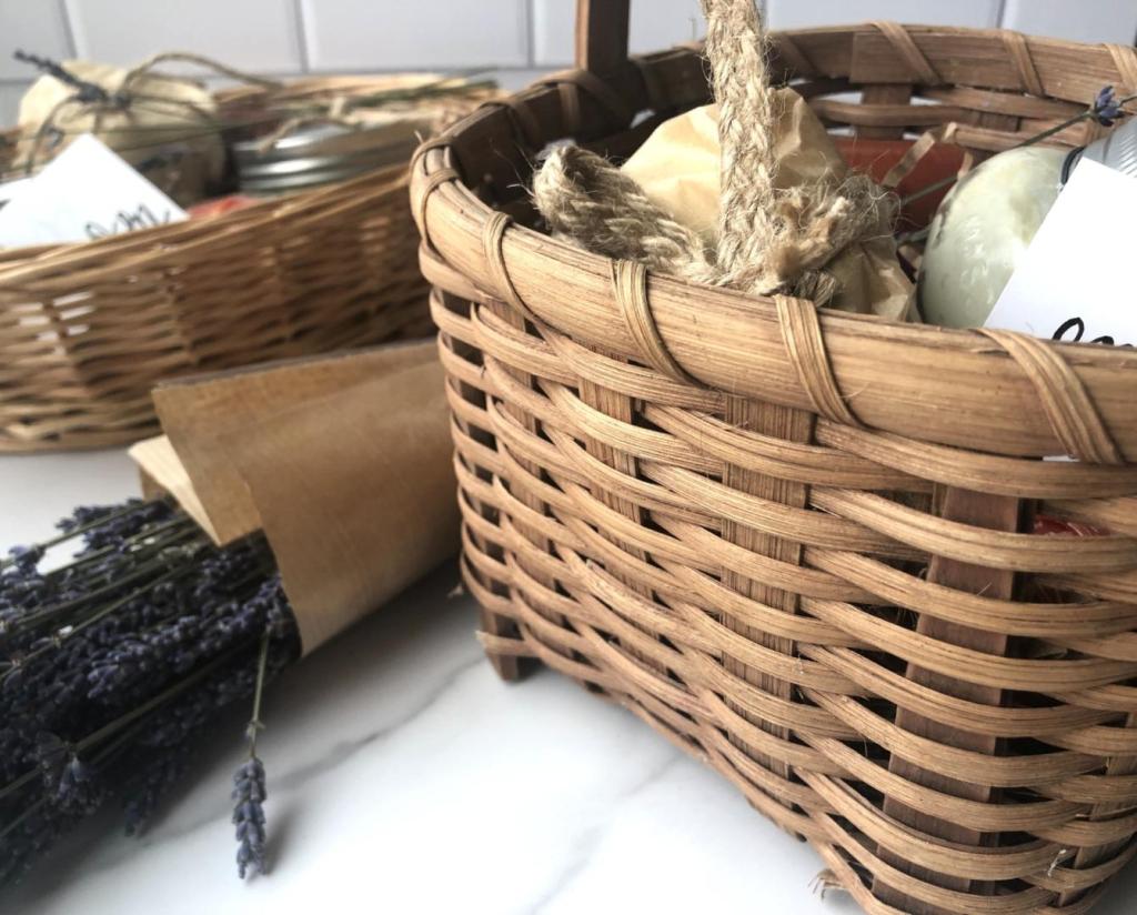 Layers of handmade gifts have been added to baskets.