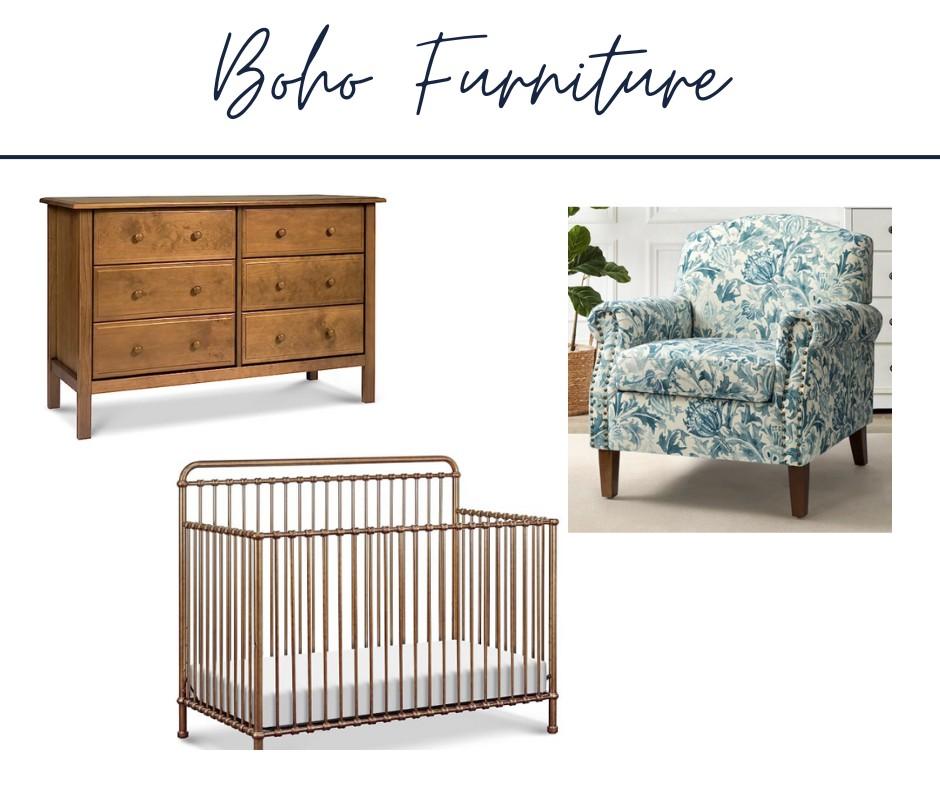 Boho furniture shows a crib, dresser, and chair.