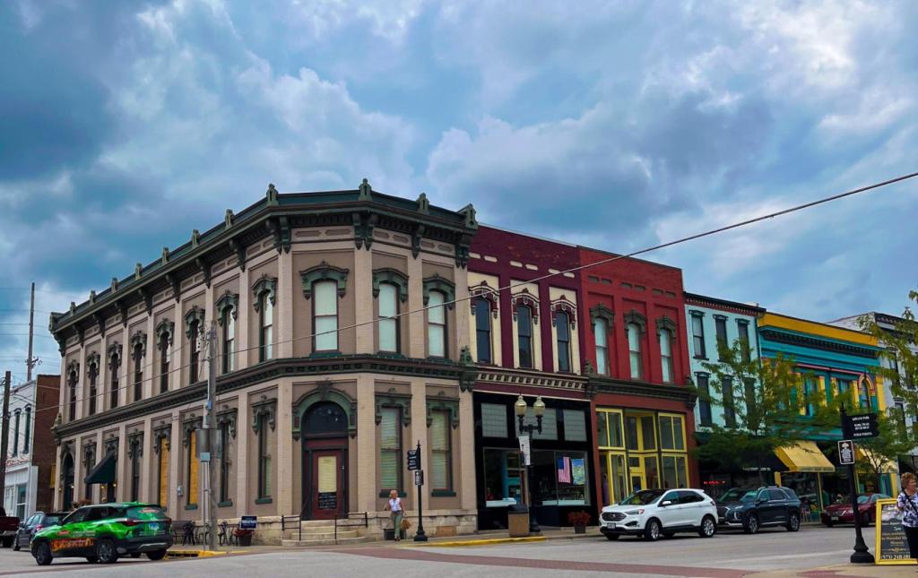 Hannibal Mo is shown with the historic downtown district buildings vibrant.