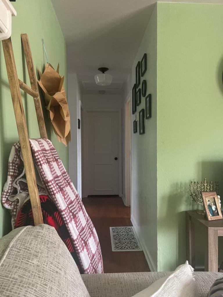 A white hallway is decorated for its narrowness and kept simple.