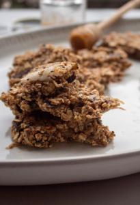 This granola bark recipe is served up in stacks on a platter.