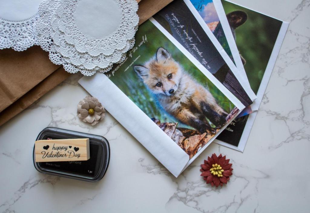 Card supplies are laying across a countertop and include a stamp, cards, doilies, and more.