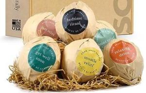 Round shower bombs are stickers with colorful labels.