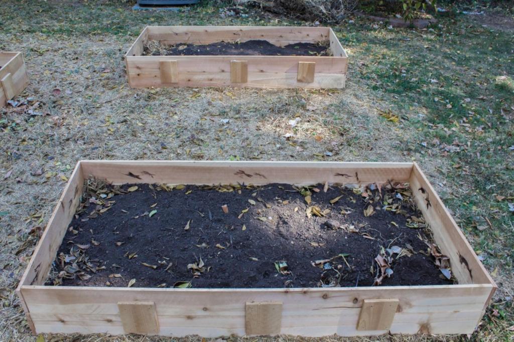 Raised garden beds have been filled with layers of organic materials.