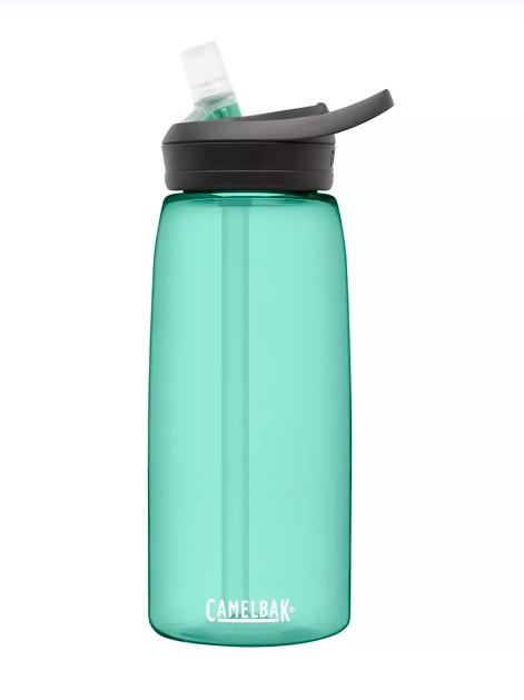 A water bottle is a light blue.