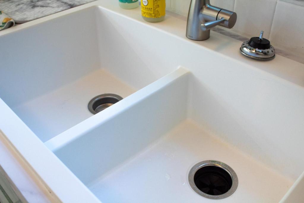 After, no scuff marks are present and the sink is sparkling clean.