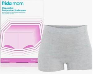 Gray disposable underwear is shown as an example of postpartum bathroom basket ideas.