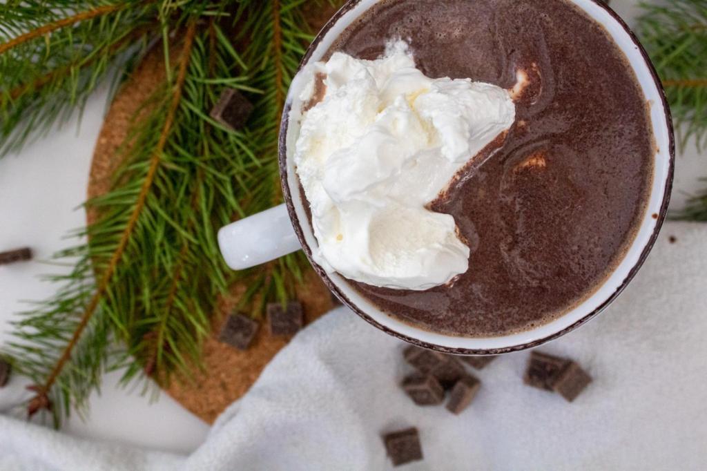 Refined sugar free hot chocolate is served in a mug on a cork plate with evergreen branches and chocolate chunks nearby.