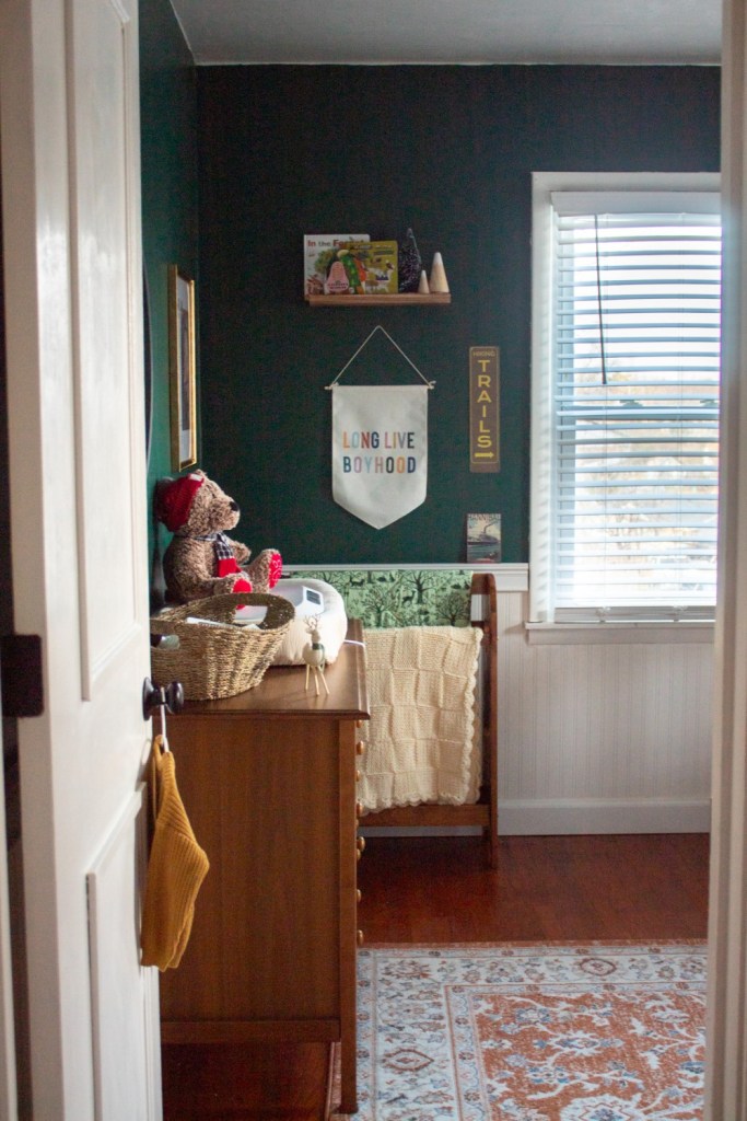 A side view through an opened door shows a rustic boys nursery.