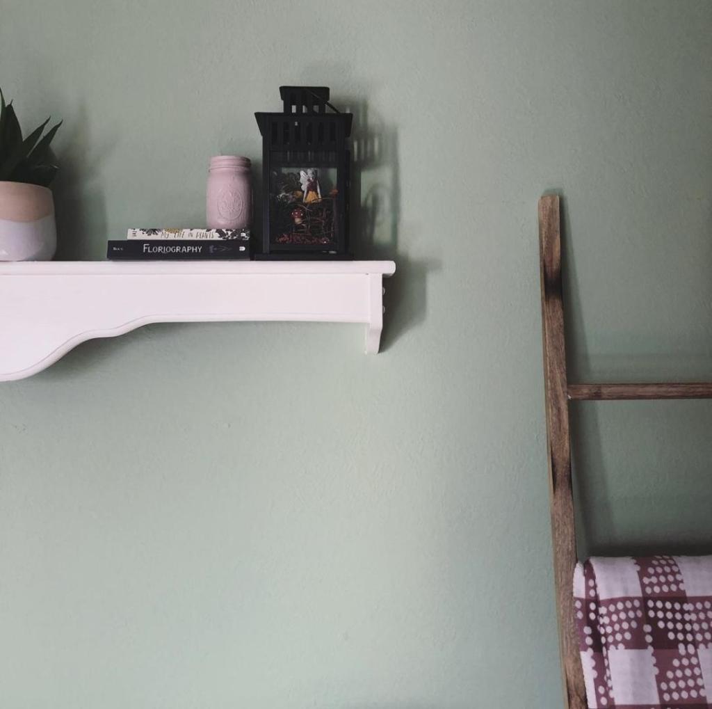 A living room has a blanket ladder, mantle, books, and more.