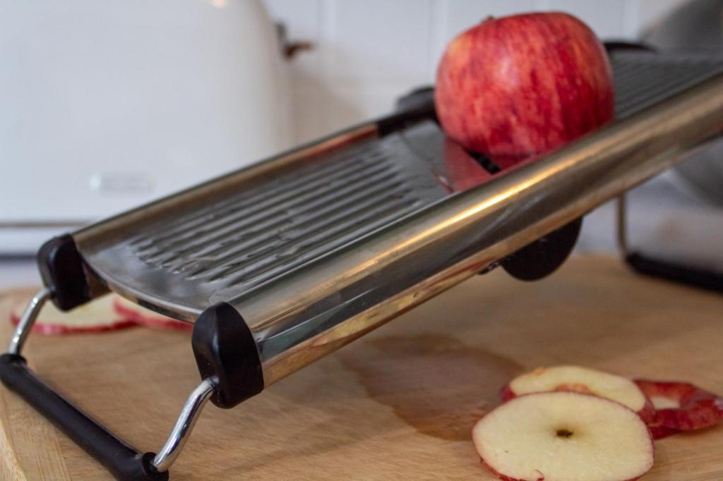 Apples are sliced on a mandolin before baking.