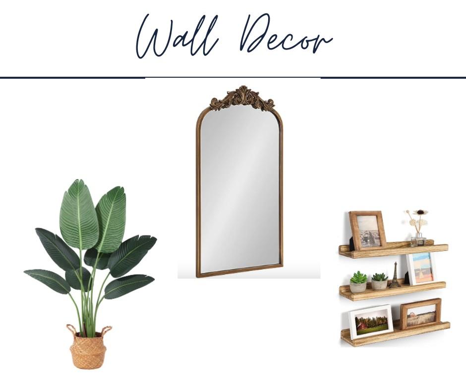 A graphic reads "wall decor" and shows a faux plant, mirror, and floating shelves.