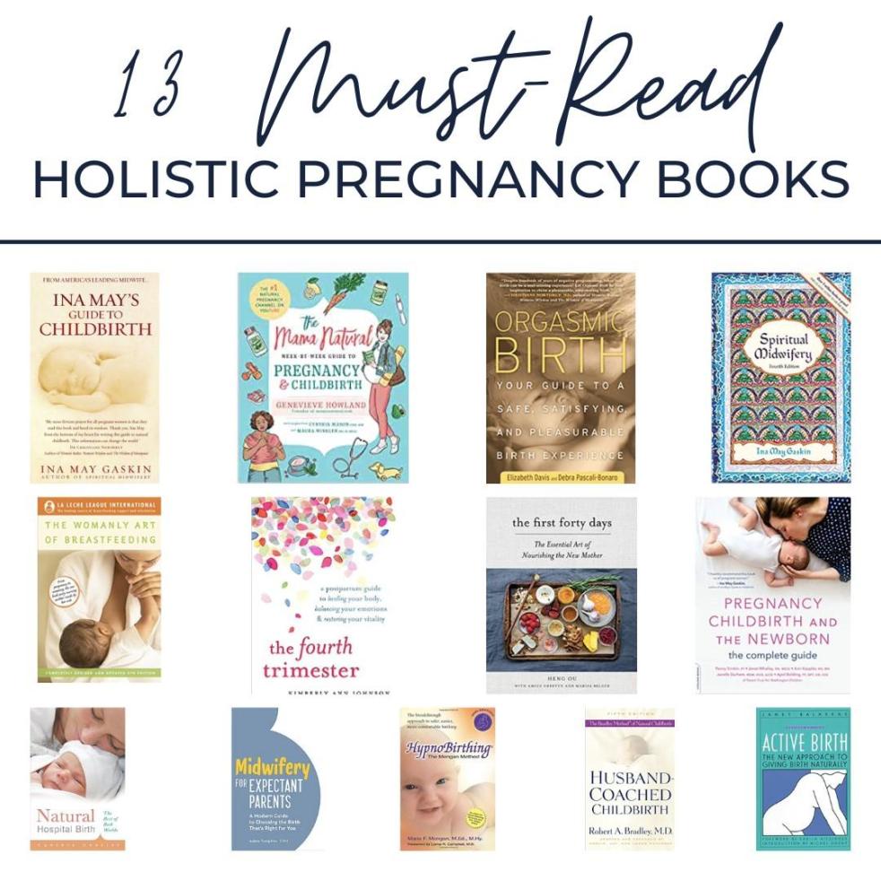 13 must-read holistic pregnancy book covers are shown.