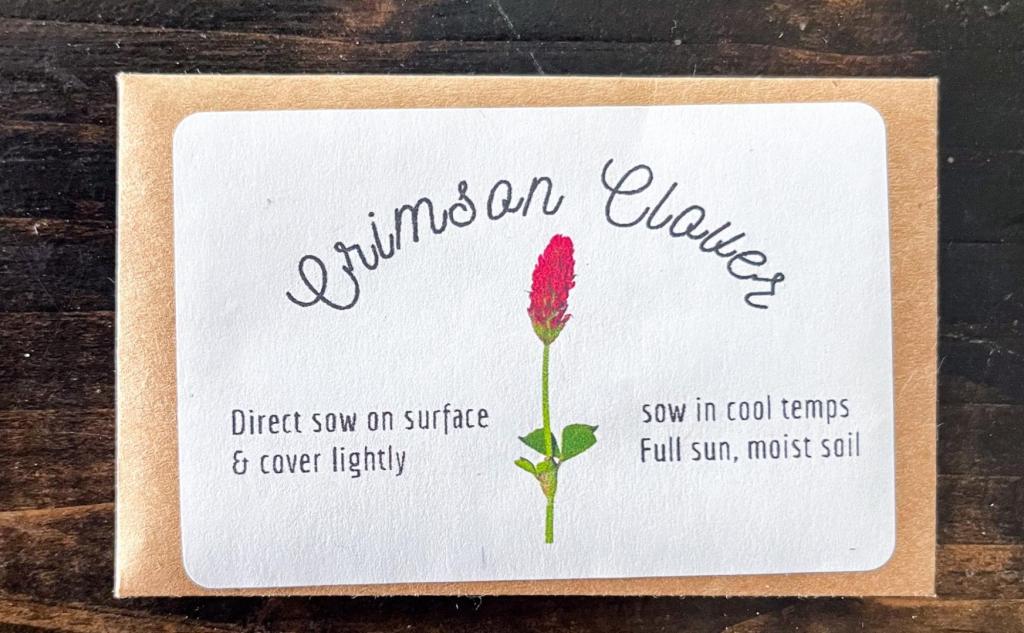 A packet of crimson clover is shown as an organic soil amendment.