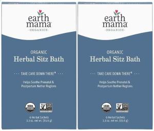 Two boxes of herbal sitz bath herbs are shown as examples for postpartum bathroom basket ideas.