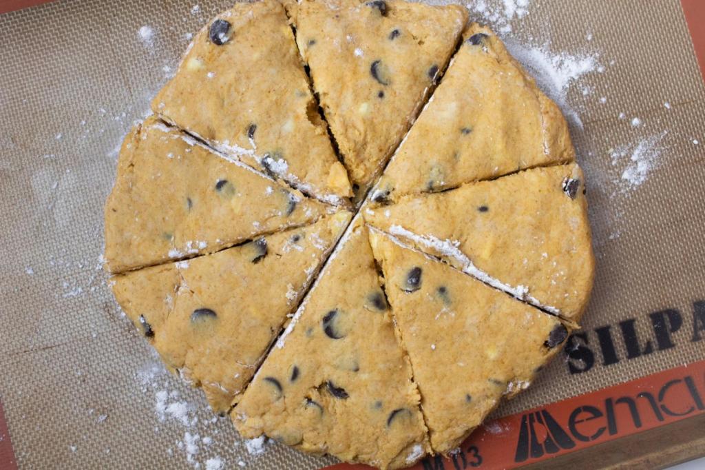 Scones are sliced into eight wedges.