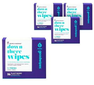 Purple boxes of "down there" wipes are shown.