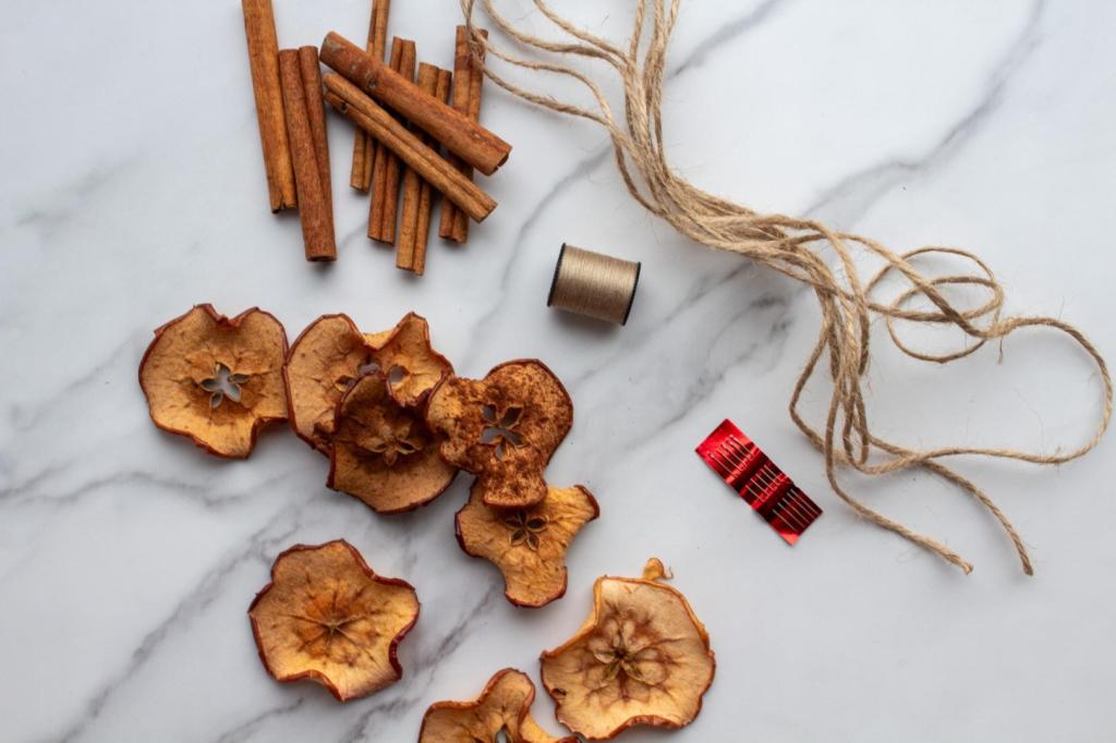 Supplies for making a dried apple garland are gathered on a countertop.