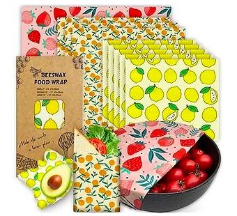 Beeswax wraps are shown in red and yellow.